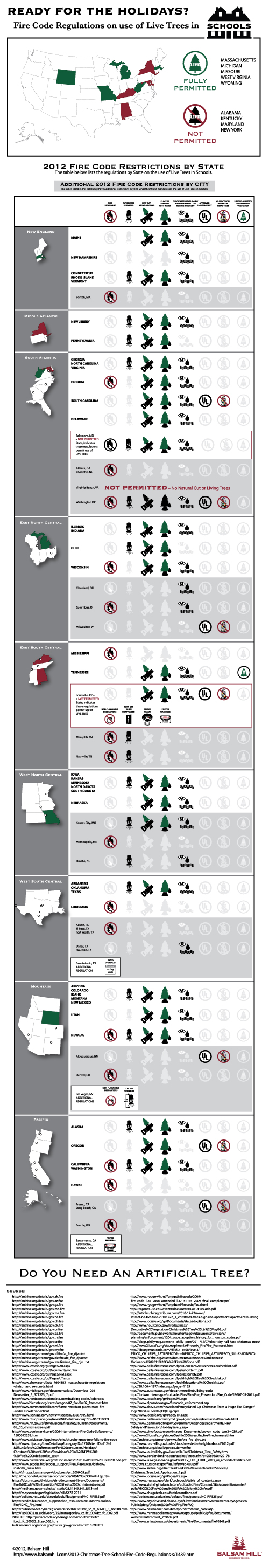 Fire Code Regulations for Live Christmas Trees in Schools infographic