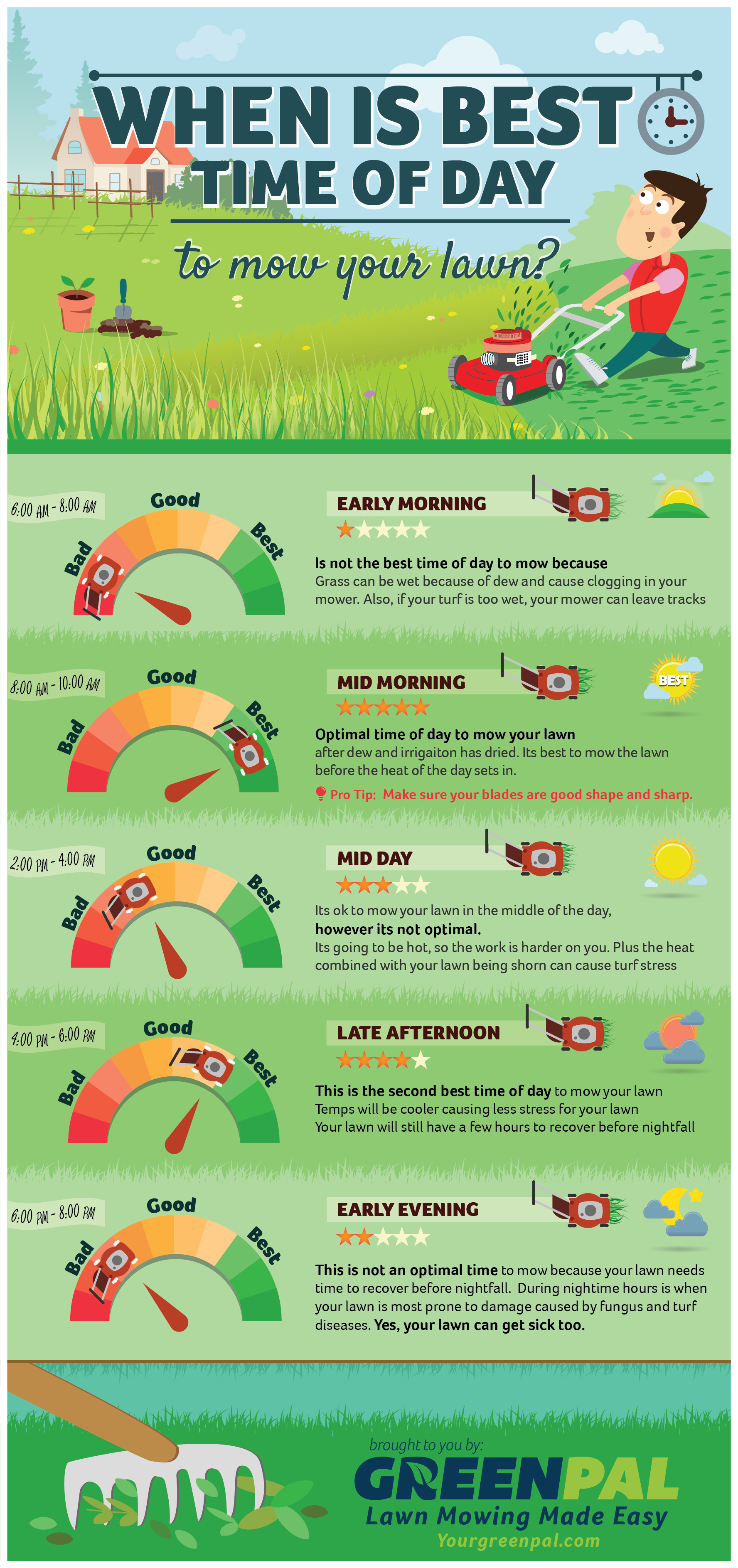 When Is Best Time of Day to Mow Your Lawn? infographic