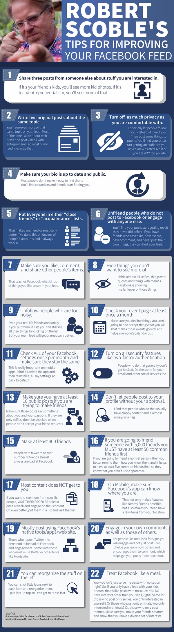Robert Scoble's 22 Tips for Improving Your Facebook Feed infographic